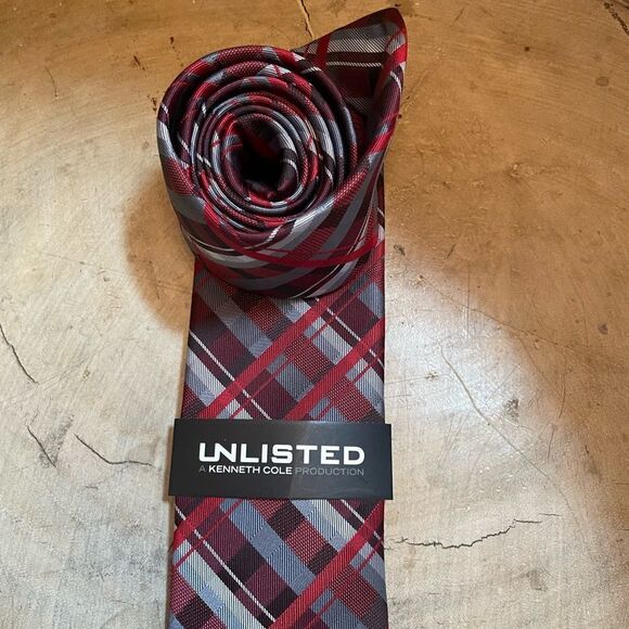 Kenneth Cole Production Men's Red and Black Plaid Tie NWT - Picture 2 of 4